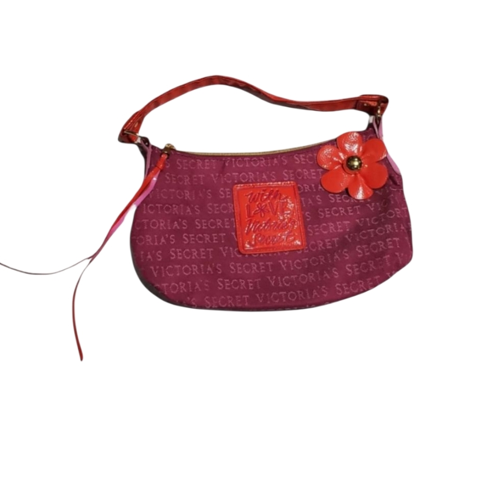Victorias secret shoulder bag purse. Purple fabric with red leather strap.